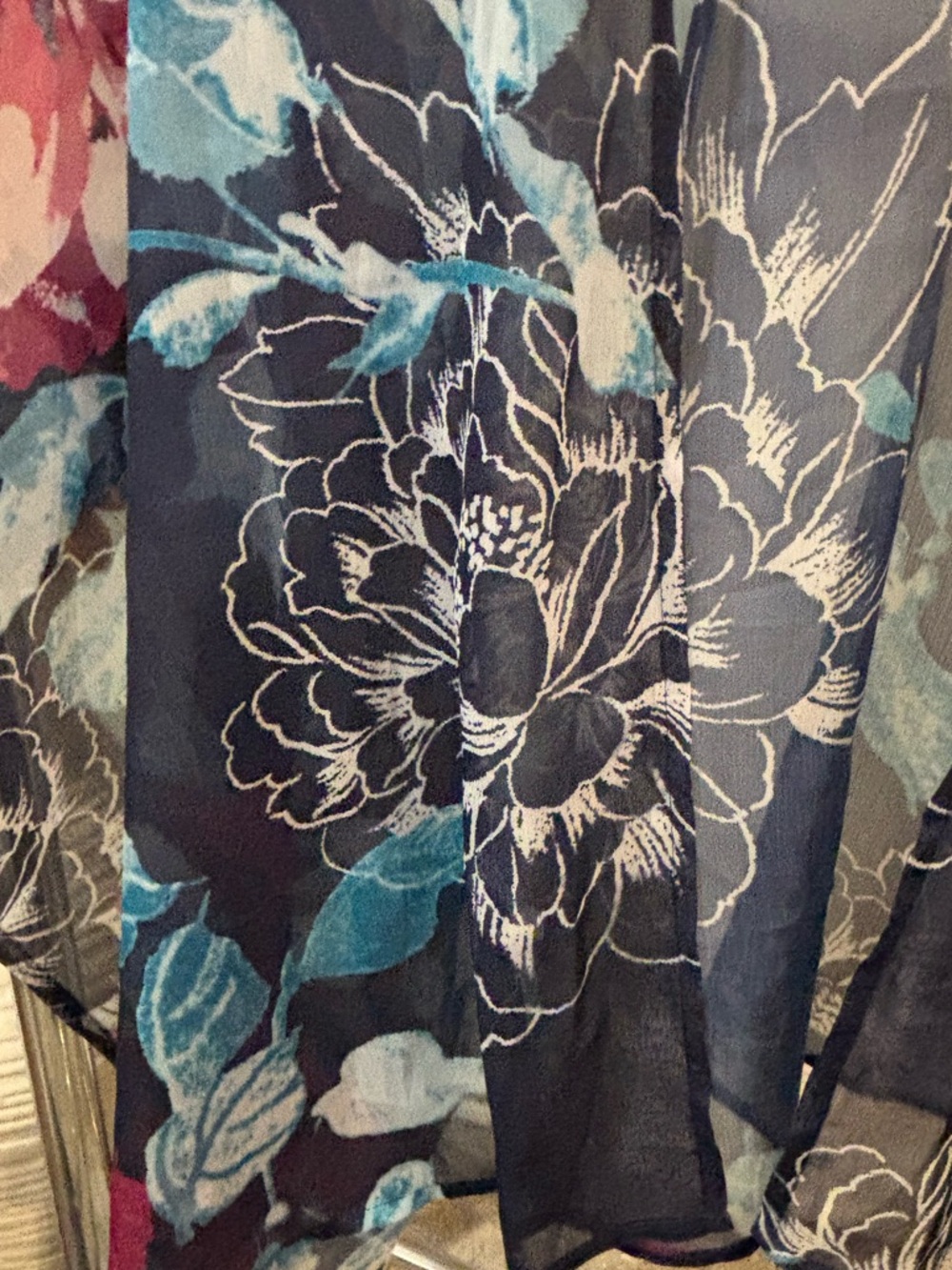 Chico's Sheer Floral Kimono in Navy with Teal & Pink one size - Picture 5 of 6